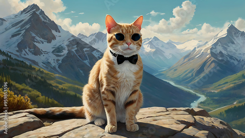 Photorealistic digital painting of a sleek cat in sunglasses and bowtie, confidently posed against majestic snow-capped mountains, blending hyper-realism and surreal dreamlike scenery
 photo