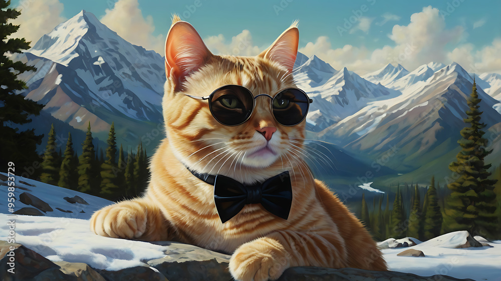 Obraz premium Photorealistic digital painting of a sleek cat in sunglasses and bowtie, confidently posed against majestic snow-capped mountains, blending hyper-realism and surreal dreamlike scenery 