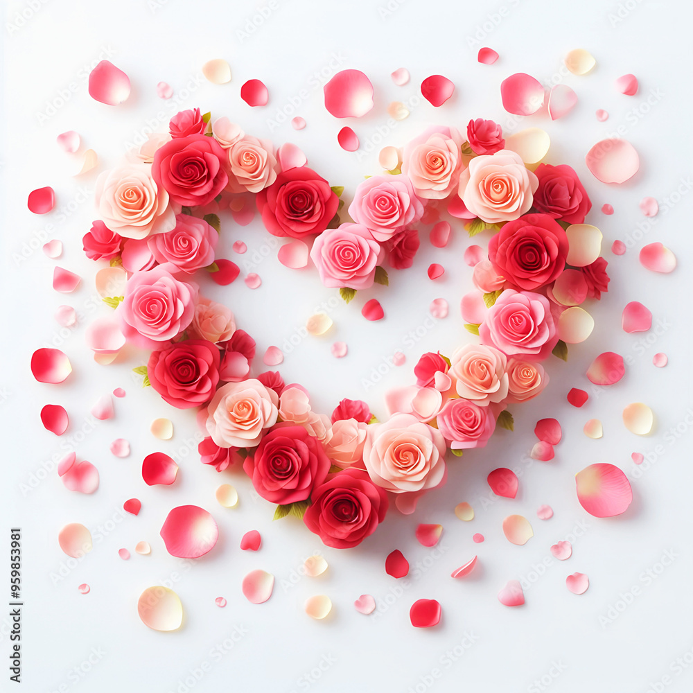 Collection of roses and petals laid out in a heart shape on a white background creating a gradient effect Collection of roses and petals laid out in a heart shape on a white background creating a gradient effect