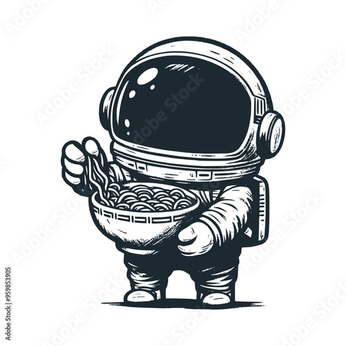 The astronaut eating a noodle ramen, Black white vector logo and icon illustration.