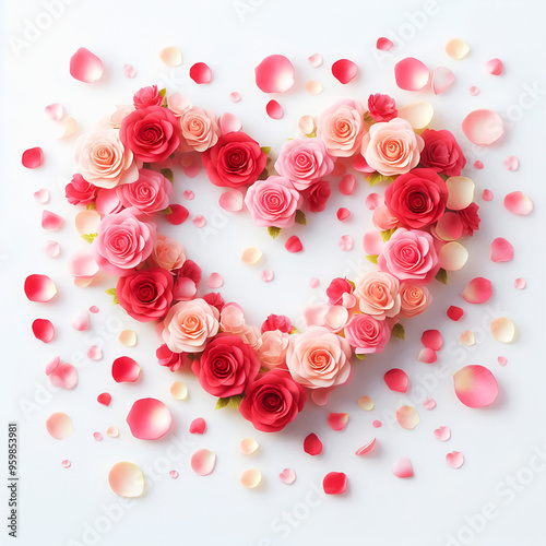 Collection of roses and petals laid out in a heart shape on a white background creating a gradient effect