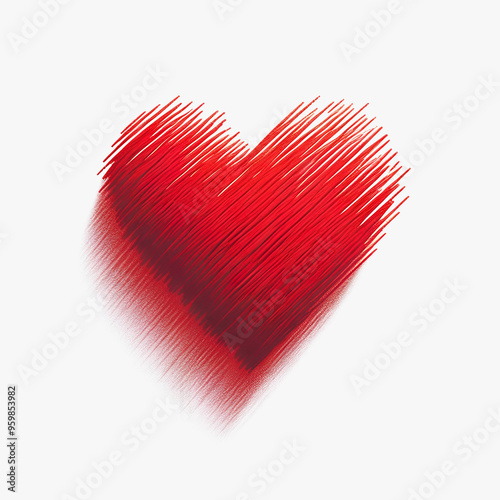 A stylized heart created with short vertical brush strokes in varying shades of red to create a shadowy feel, on a white background