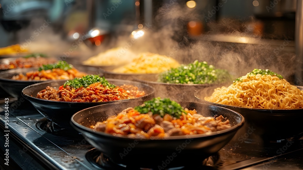 The chef is cooking noodles, surrounded by small bowls of spicy beef noodles, porcelain bowls, with distinct roots, smoky, delicious, warm colors, close-up, overhead view, background virtual focus, The chef is cooking noodles, surrounded by small bowls of spicy beef noodles, porcelain bowls, with distinct roots, smoky, delicious, warm colors, close-up, overhead view, background virtual focus,