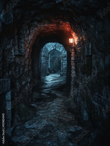 Dark and grim dungeon alley with eerie atmosphere, shadowy textures, and mysterious backdrop, perfect for cinematic scenes, new beautiful stock image illustration AI