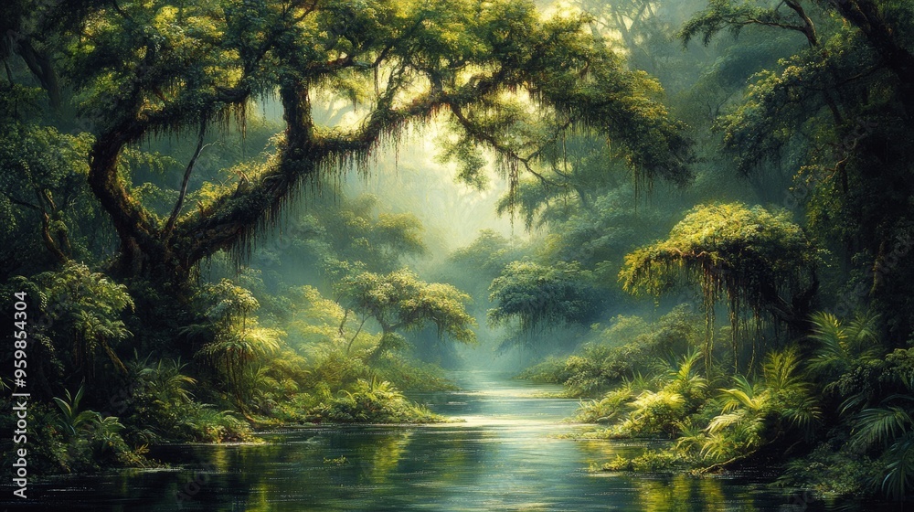 Serene Jungle River: Tranquil stream flows through lush, vibrant rainforest, sunlight filtering through canopy creating magical atmosphere. Perfect for nature lovers and escapism. Serene Jungle River: Tranquil stream flows through lush, vibrant rainforest, sunlight filtering through canopy creating magical atmosphere. Perfect for nature lovers and escapism.