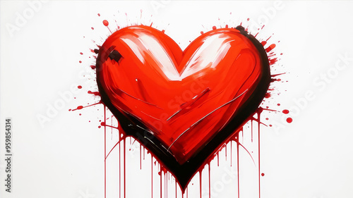Stylized red heart with a glossy look and white highlights creating a 3D effect, with paint drips and splashes