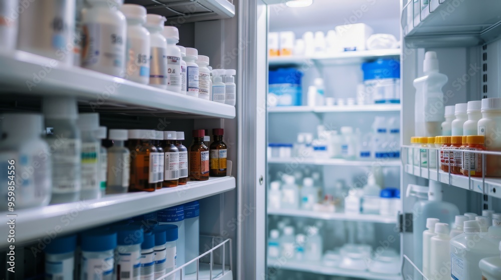 Sterile, well-organized shelves of various medicines and bottles in a modern, bright pharmacy back room. Sterile, well-organized shelves of various medicines and bottles in a modern, bright pharmacy back room.