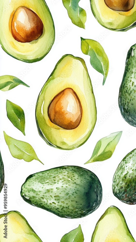 Watercolor of Avocado fruit and cut in half sliced with green leaf isolated on color background,Image of cut avocado with seed,Fresh ripe avocados,Flat lay,healty diet concept, Fresh Organic Fruit.