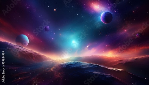 Purple and blue space with planets and stars photo