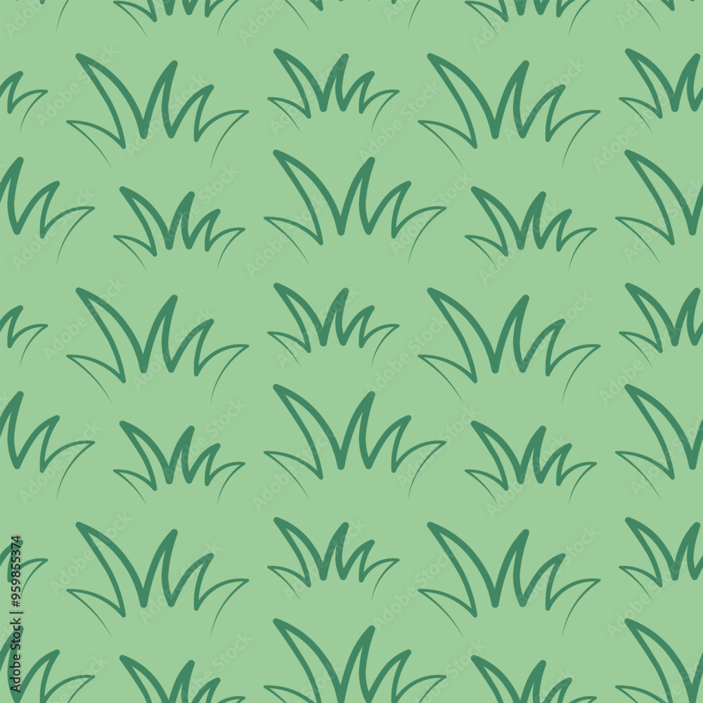 Naklejka premium Green grass. Bushes. Seamless vector pattern. Isolated green background. Endless summer ornament from vegetation for lawn. Doodle style. Idea for web design, wallpaper.