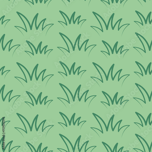 Green grass. Bushes. Seamless vector pattern. Isolated green background. Endless summer ornament from vegetation for lawn. Doodle style. Idea for web design, wallpaper.