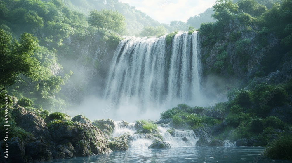 Serene Waterfall in Lush Forest: A breathtaking view of a cascading waterfall surrounded by vibrant green foliage, mist softly veiling the scene. Serene Waterfall in Lush Forest: A breathtaking view of a cascading waterfall surrounded by vibrant green foliage, mist softly veiling the scene.