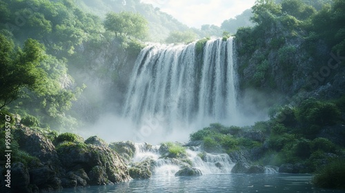 Serene Waterfall in Lush Forest: A breathtaking view of a cascading waterfall surrounded by vibrant green foliage, mist softly veiling the scene.