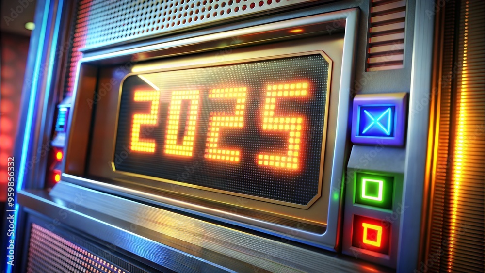 A slot machine with a large red number 2025 on it. The machine is surrounded by other slot machines. A slot machine with a large red number 2025 on it. The machine is surrounded by other slot machines.