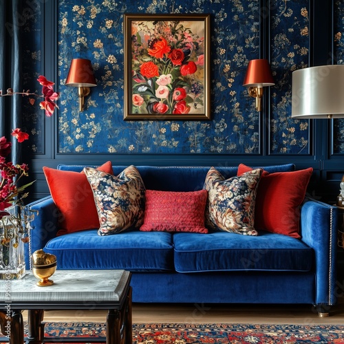 Maximalist interior design with intricate details and vibrant colors in a cozy living room setting. photo