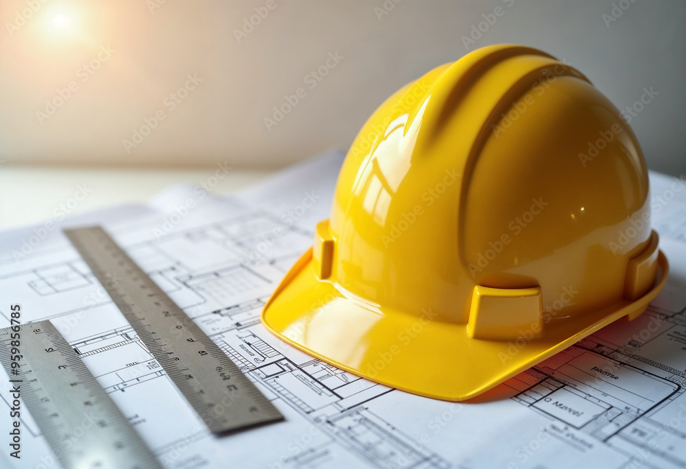Close-up of a yellow construction helmet on architectural blueprints with rulers and drafting tools, ideal for construction and planning ads.
Close-up of a yellow construction helmet on architectural blueprints with rulers and drafting tools, ideal for construction and planning ads.