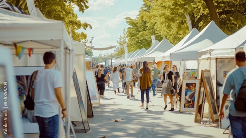 Visitors enjoying an art fair under a canopy of trees and white tents on a sunny day. photo