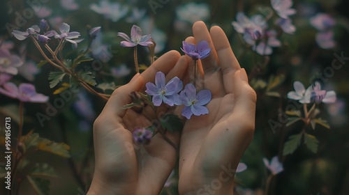 Detailed shot of a womana??s hands gently cradling wild purple flowers, showcasing the delicate petals and rich colors against a softly blurred background photo