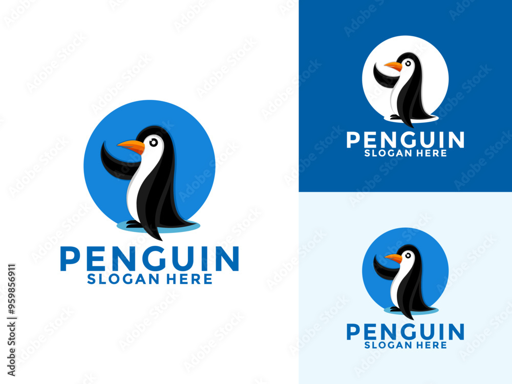 Obraz premium Cute Penguin Waving Hand Logo Cartoon Vector Icon Illustration, Penguin Logo vector template