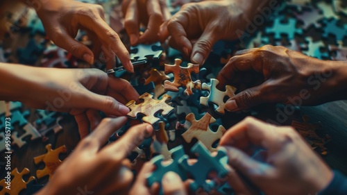 Close up of diverse smart people hand gather jigsaw while playing puzzle with blurring background. Attractive people working together to solve the problems. Collaboration, cooperation concept. AIG53.