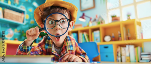 Young detective or explorer  in a bright room peers through a magnifying glass, adding a funny twist to his curious expression. photo