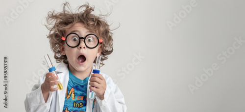 Curly-haired boy in big glasses is thrilled by his science experiment, caught in a funny and surprised moment. photo