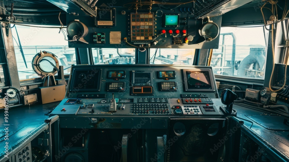 Fototapeta premium A ship's control room brimming with intricate dials, monitors, and controls, revealing the sophistication and complexity of seafaring technology.