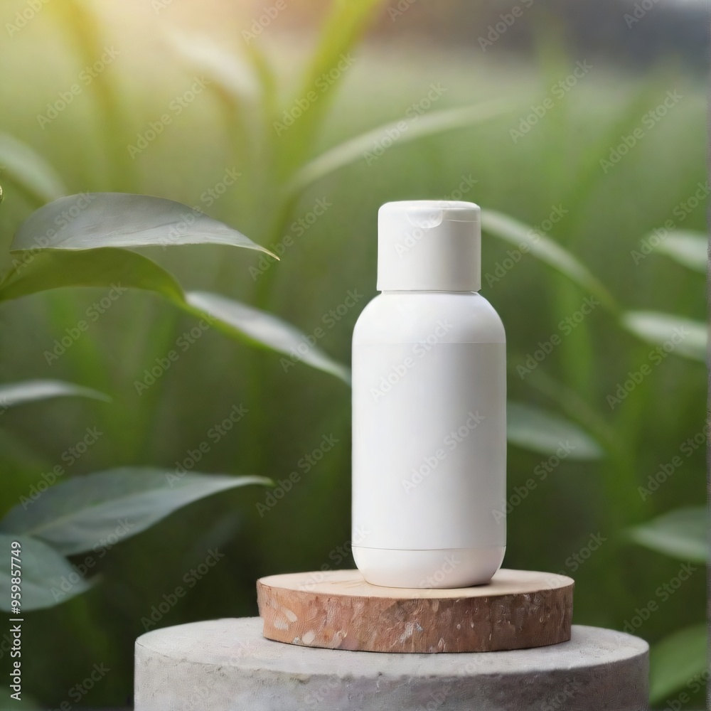Minimalist White Cosmetic Bottle on Nature Background mockup Minimalist White Cosmetic Bottle on Nature Background mockup