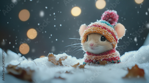 Little mouse sits in colorful knitted hat and sweater surrounded by snow and autumn leaves capturing the charm of early winter. photo