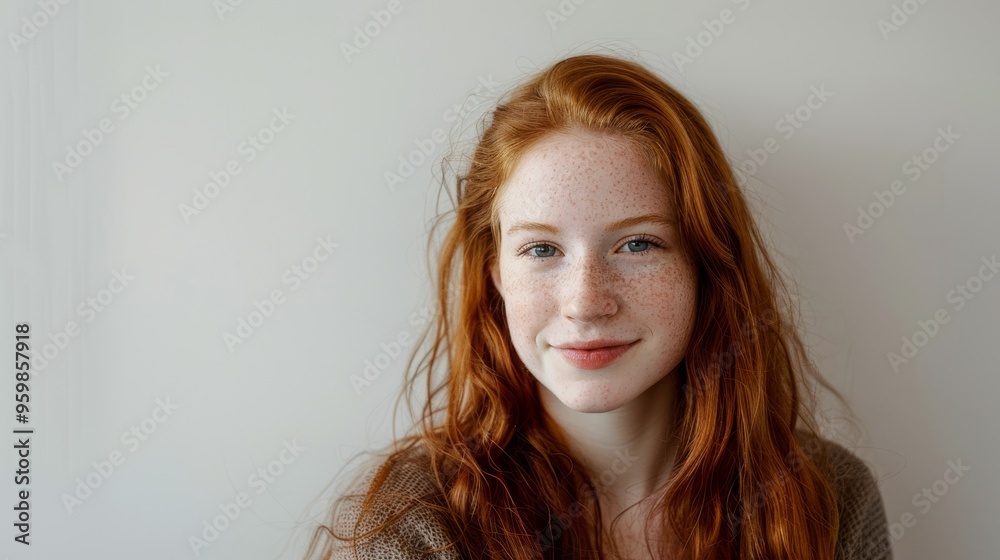 A young woman with long, red hair and freckles giving a serene smile against a plain background. A young woman with long, red hair and freckles giving a serene smile against a plain background.