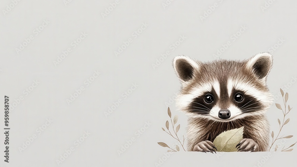 Raccoon peeking from under a leaf, surrounded by subtle botanical elements, watercolor nature illustration, white background with space for text Raccoon peeking from under a leaf, surrounded by subtle botanical elements, watercolor nature illustration, white background with space for text