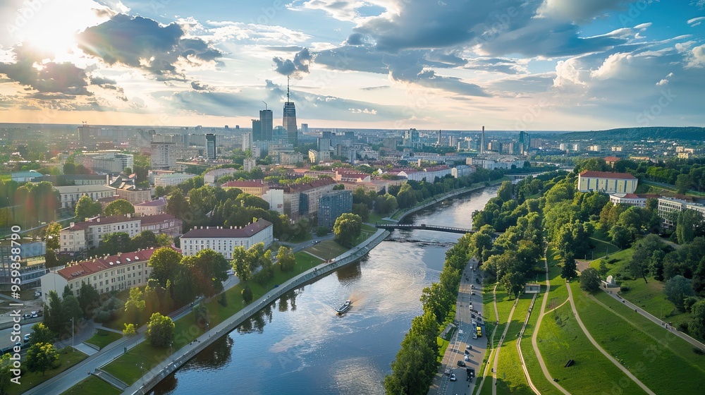Aerial View of Vilnius, Lithuania with the Neris River