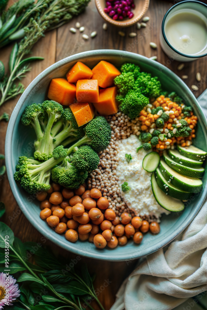 Vibrant vegetarian Buddha bowl filled with quinoa, roasted sweet potatoes, chickpeas, and broccoli Vibrant vegetarian Buddha bowl filled with quinoa, roasted sweet potatoes, chickpeas, and broccoli