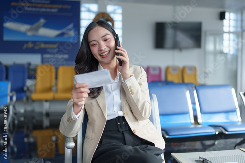 Female traveler in airport waiting for departure using smartphone to talk Relaxed contact Smiling businesswoman sitting with a luggage cart in the airport departure lounge.