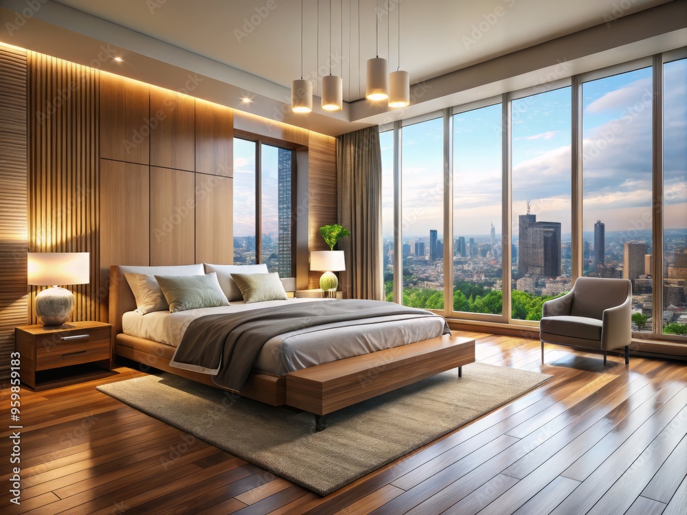 Naklejka premium A contemporary bedroom boasts warm wood furnishings and expansive windows framing a stunning city view, exuding