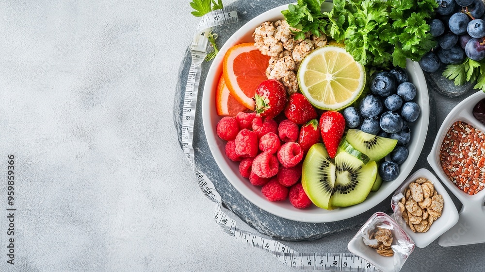 World diabetes day and healthcare concept. Diabetic measurement set, measure tape and healthy food eating nutrition in plate on stone background. generative ai World diabetes day and healthcare concept. Diabetic measurement set, measure tape and healthy food eating nutrition in plate on stone background. generative ai