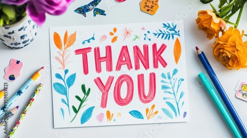 A cheerful thank you card sits on a desk amid colorful flowers and vibrant stationery, creating a friendly and inviting atmosphere photo