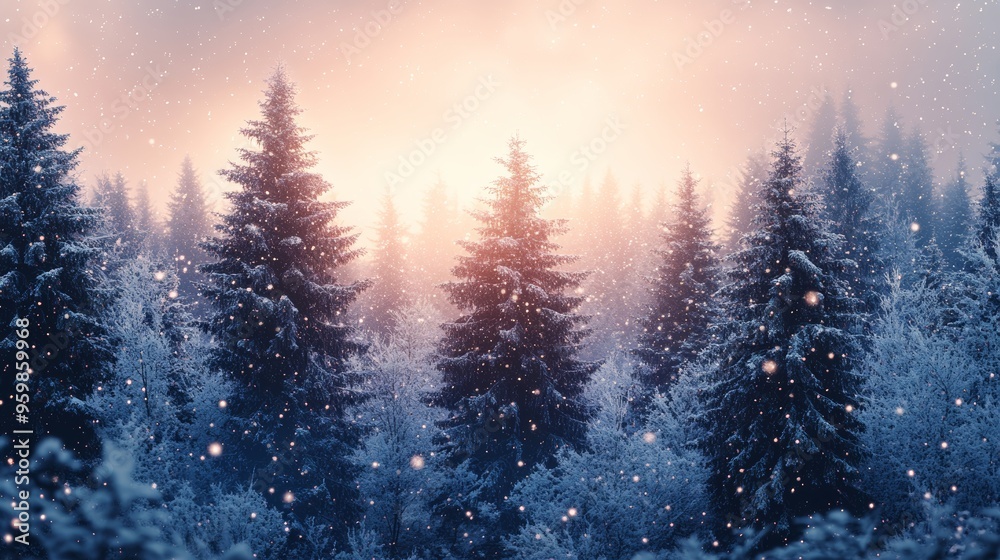 Enchanted Winter Forest: A serene, snowy forest bathed in the soft glow of a winter sunrise. The air is filled with a gentle snowfall, creating a magical and peaceful atmosphere. Enchanted Winter Forest: A serene, snowy forest bathed in the soft glow of a winter sunrise. The air is filled with a gentle snowfall, creating a magical and peaceful atmosphere.