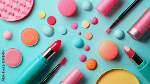 Colorful Cosmetics on a Blue Background