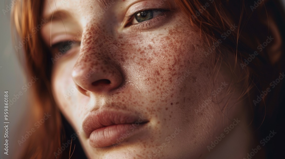 A contemplative portrait of a freckled woman with red hair, her serene expression captured in soft lighting, reflecting deep thought. A contemplative portrait of a freckled woman with red hair, her serene expression captured in soft lighting, reflecting deep thought.