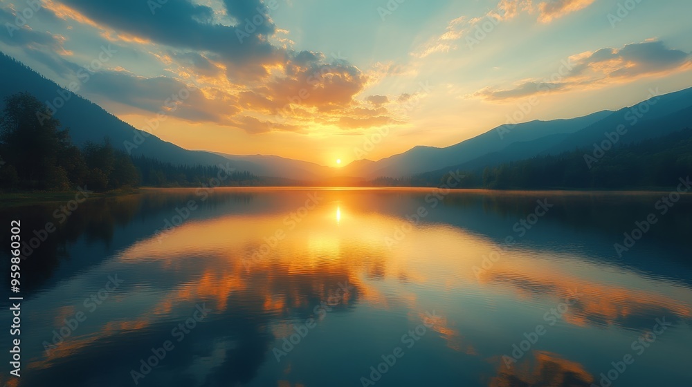 Fototapeta premium Golden Hour Serenity: A tranquil lake mirroring the vibrant hues of a breathtaking sunset. The serene mountain landscape provides a breathtaking backdrop to this captivating scene.