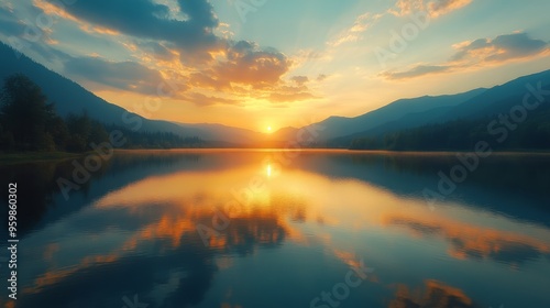 Golden Hour Serenity: A tranquil lake mirroring the vibrant hues of a breathtaking sunset. The serene mountain landscape provides a breathtaking backdrop to this captivating scene.