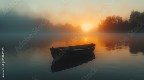 Boat drifting on a river at sunset with a colorful sky reflected on the water