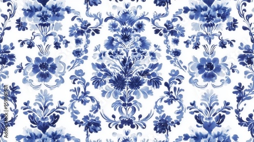 Delft blue inspired floral pattern for decorative and textile design.