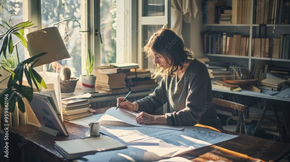A woman studies architectural plans at a wooden desk bathed in natural sunlight, creating a serene and focused workspace. A woman studies architectural plans at a wooden desk bathed in natural sunlight, creating a serene and focused workspace.