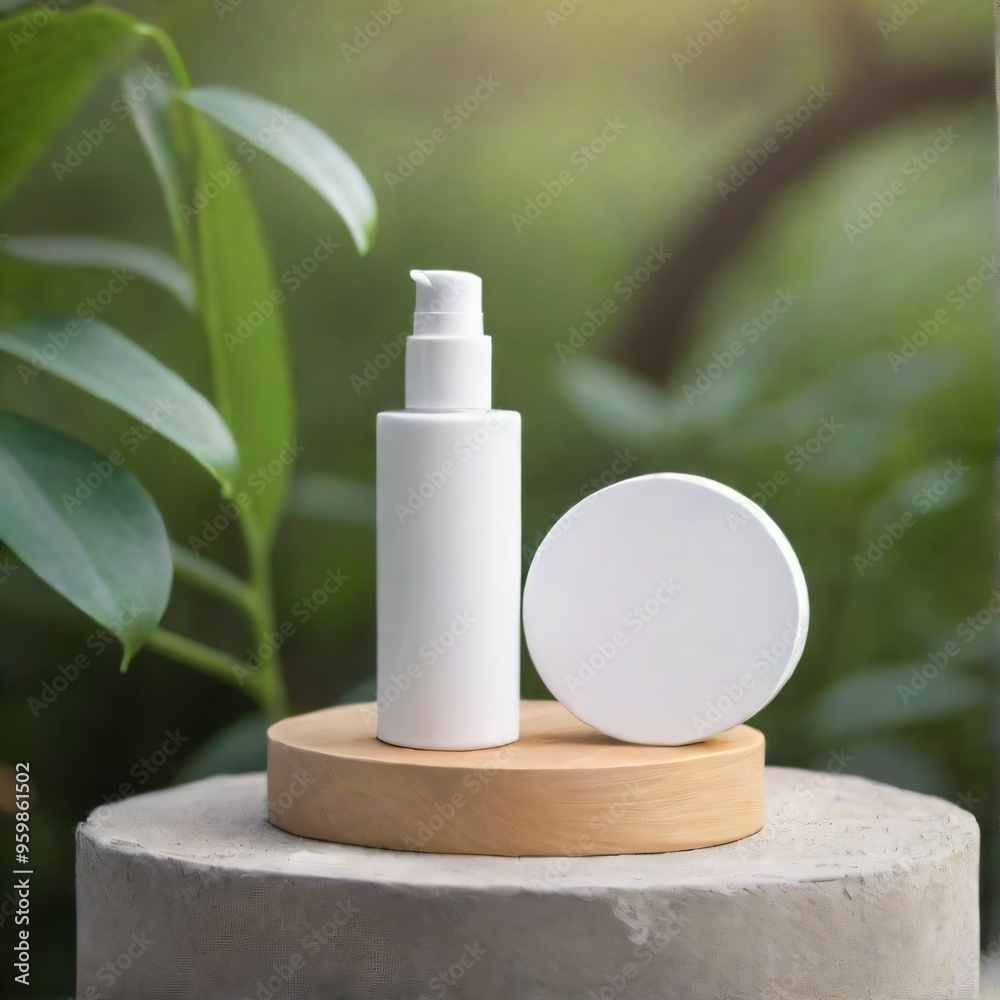 Minimalist White Cosmetic Bottle on Nature Background mockup Minimalist White Cosmetic Bottle on Nature Background mockup