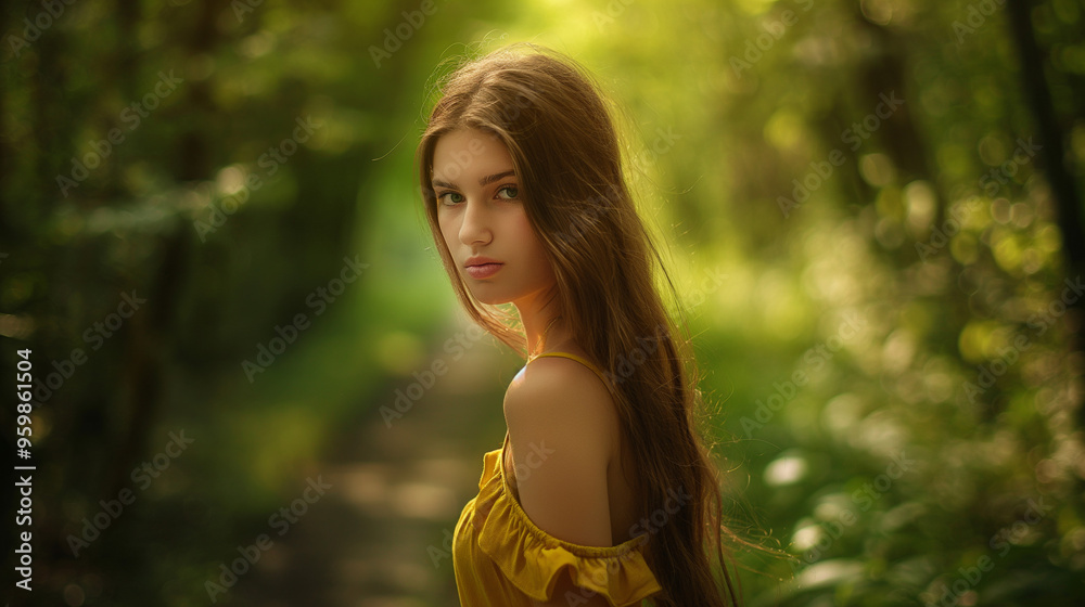 A young woman in a yellow dress standing alone on a forest path, a photo of an elegant lady with long hair and green eyes walking through lush trees in summer A young woman in a yellow dress standing alone on a forest path, a photo of an elegant lady with long hair and green eyes walking through lush trees in summer