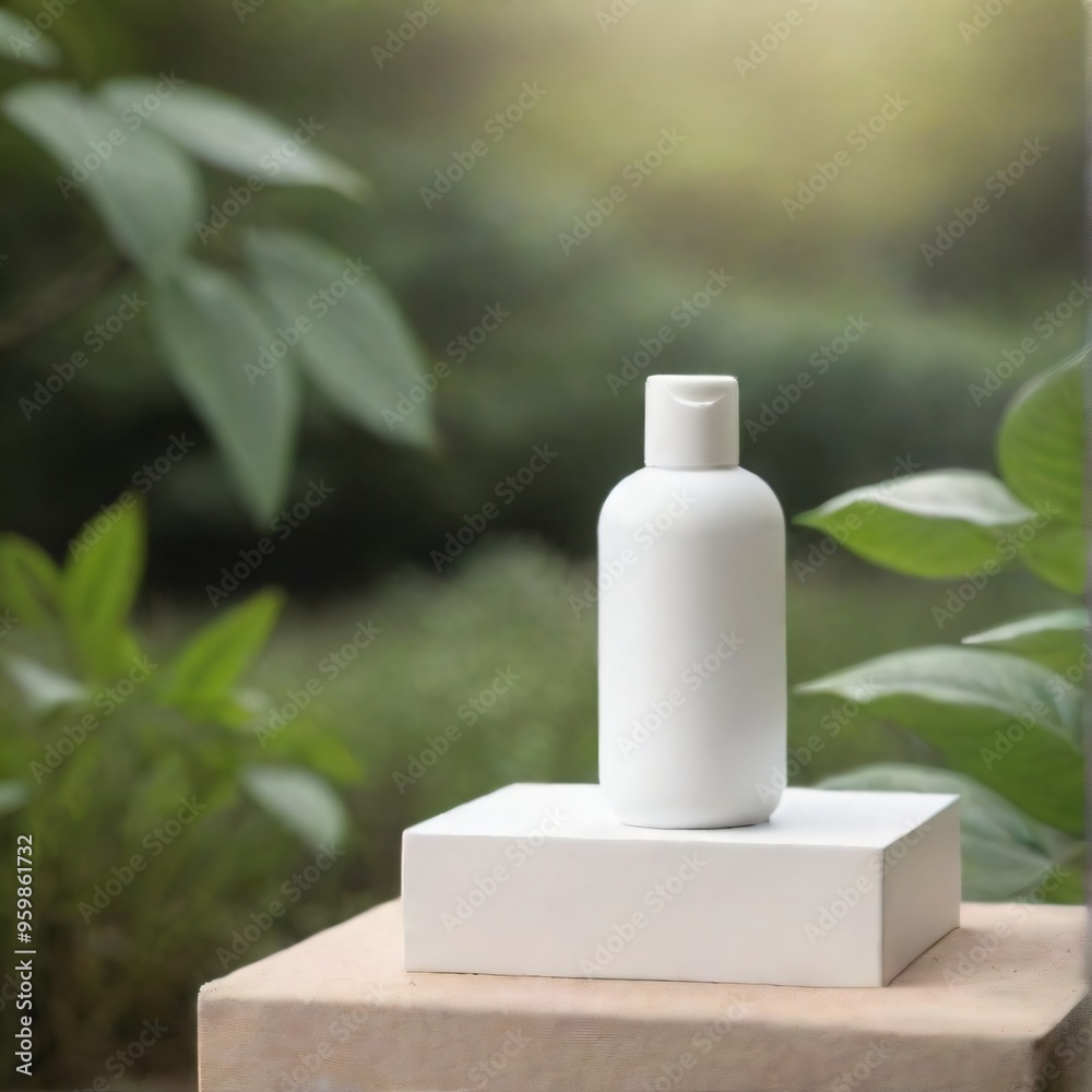 Minimalist White Cosmetic Bottle on Nature Background mockup Minimalist White Cosmetic Bottle on Nature Background mockup
