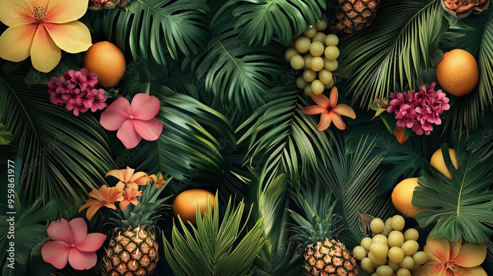 Vivid tropical design featuring lush palm leaves, exotic flowers, and fresh fruits for summer decor. Vivid tropical design featuring lush palm leaves, exotic flowers, and fresh fruits for summer decor.