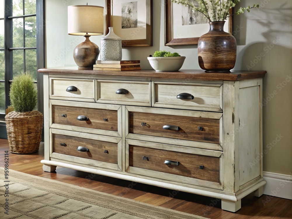 Fototapeta premium A distressed bedroom dresser stands out in the room's decor, its contrasting white and brown tones adding rugged